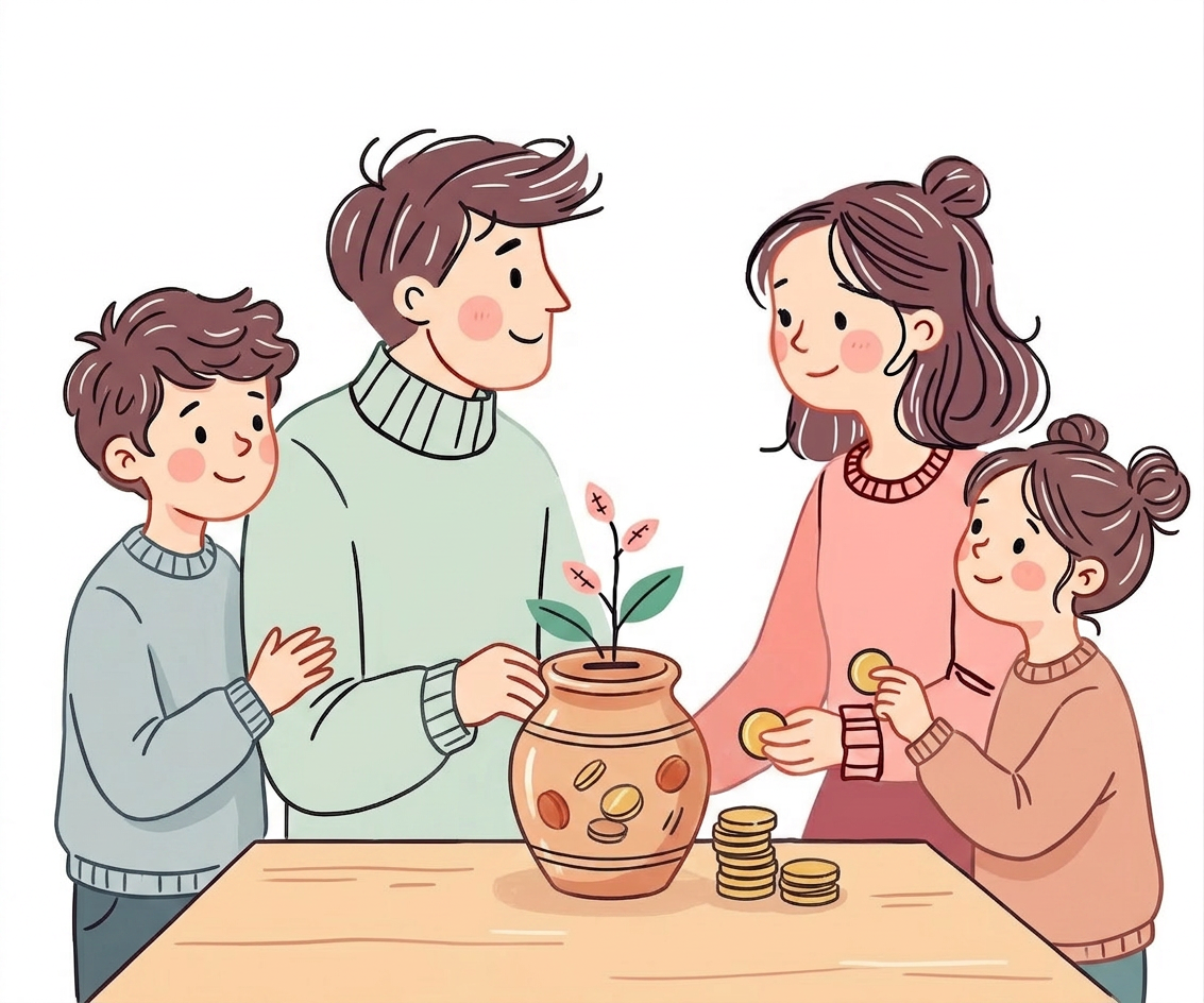 Anne, baba ve büyüyen bir kumbaranın olduğu sıcak aile illüstrasyonu
